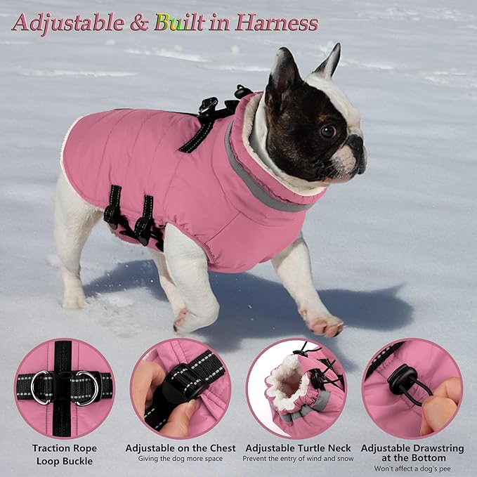 Dogcheer Dog Coat with Harness, Waterproof Dog Jacket Adjustable Winter Coat with Zipper, Christmas Puppy Snow Jacket Fleece Sweater for Small Medium Large Dogs - Light Pink L