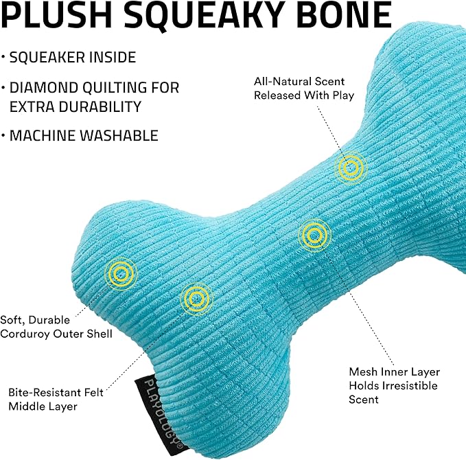 Playology Dog Toys | Plush Squeaky Bone Chew Toy for Dogs | Jumbo Peanut Butter Scented Toy - Easy to Clean and Made from Non Toxic Materials