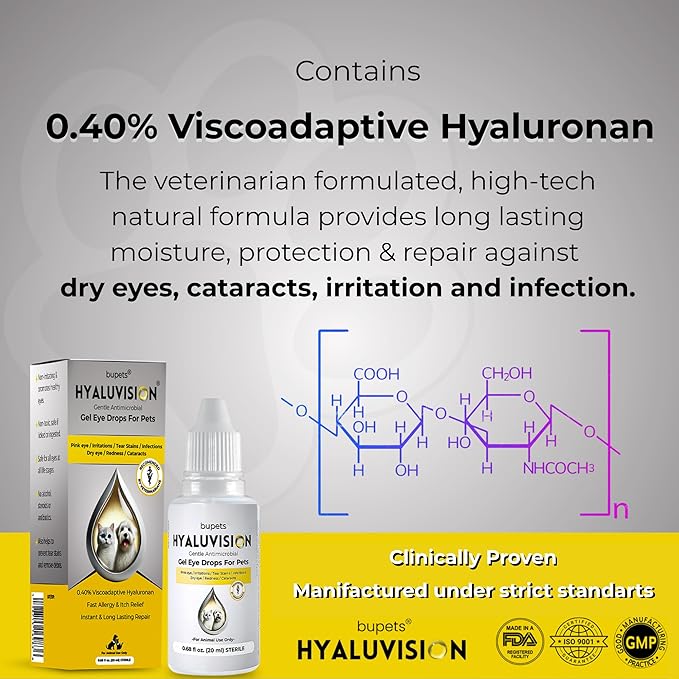 Hyaluvision Gel Eye Drops for Pets – 0.40% Hyaluronan, Relieves Dry Eyes & Infection, Soothes Allergy & Pink Eye, Lubricant, Hydration & Tear Stain Remover, 0.68 fl oz