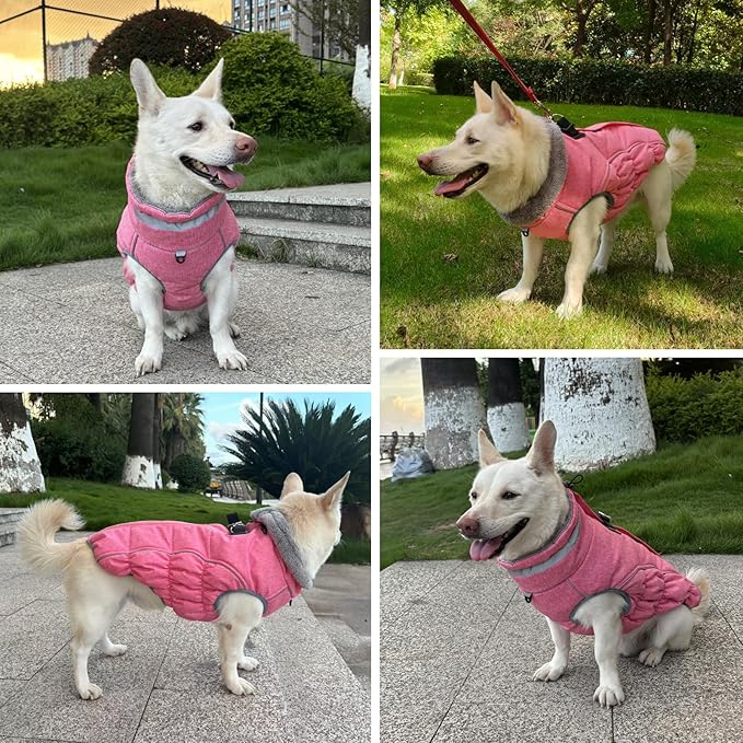 Malier Dog Coat, Reflective Dog Jacket Waterproof Windproof Puppy Cold Weather Coats with Harness Built in, Winter Extra Warm Pet Coat Fleece Vest for Small Large Pets and Puppy (Pink, X-Small)