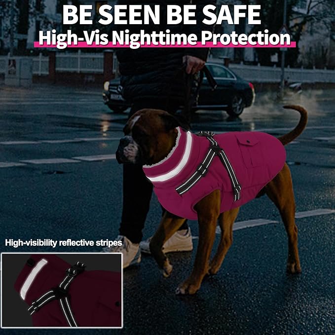 Dogcheer Dog Coat with Harness, Waterproof Warm Dog Winter Jacket with Pockets, Reflective Pet Fleece Jacket Turtleneck Snowsuit for Small Medium Large Dogs - Pink, 2XL