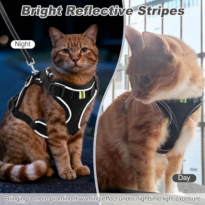 Kitten Cat Harness and Leash Set, Escape Proof Soft 4-Adjustable Cat Walking Vest Harness, Reflective Strips in Harness for Kitty Puppy Bunny Car Travel, with Car Seatbelt Leash (Black, XXS)