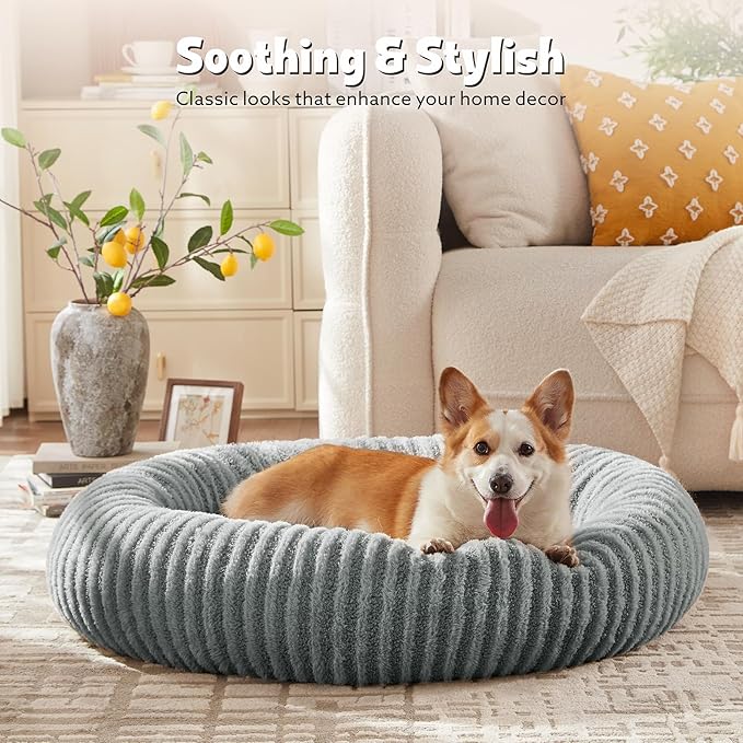 MIXJOY Dog Beds for Small Dogs, Washable Dog Bed with Removable Cover, Small Cat Bed for Indoor Cats, Calming Soft Dount Pet Beds with Anti Slip Bottom, Cute Puppy Beds, 23"x23"x8", Grey