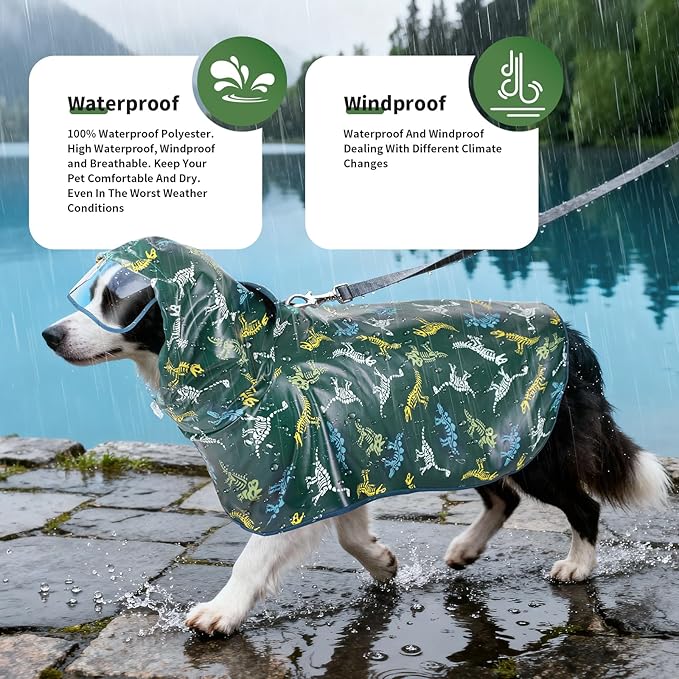 Dog Raincoat, Waterproof Windproof Dog Rain Jacket with Hood, Rain Coat with Leash Hole, Adjustable Raincoat Poncho for Small Medium Large Dogs Outdoor (Green, Medium)