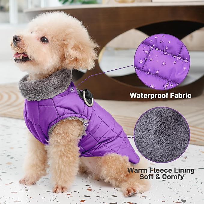 Warm Fleece Dog Coats with Durable Harness Buitl in D-Ring,Waterproof Puppy Jacket for Small Dogs,Dog Vest for Cold Winter,Purple S