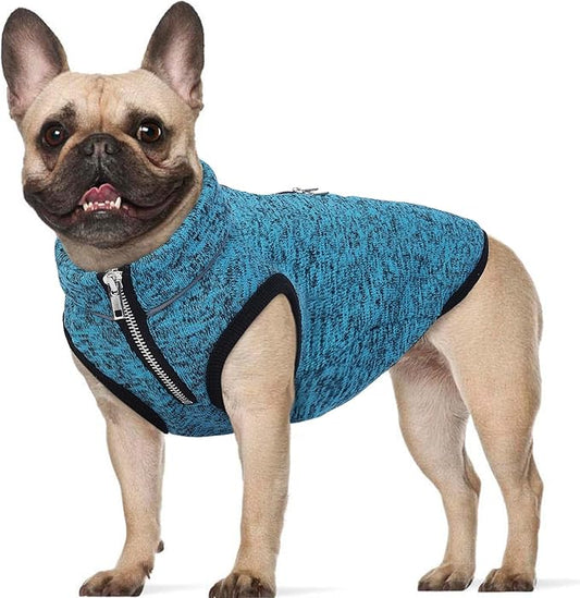 ROZKITCH Dog Sweater for Medium, Knit Jacket with Fleece Lining, Dog Clothes for Medium with Half Zipper Opening for Harness, Adjustable Neck Reflective Pet Jacket Blue L