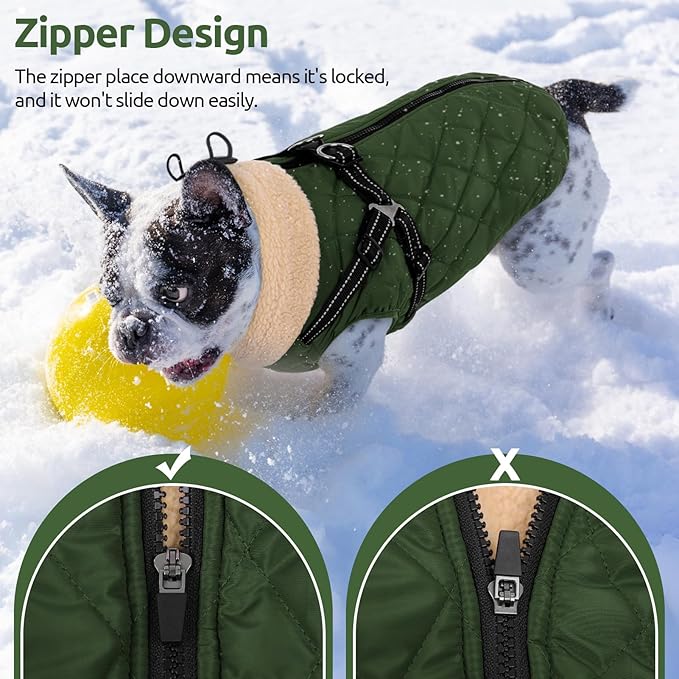 Queenmore Dog Jacket, Dog Coats for Large Dogs, Large Pet Coat with Harness Built in, Thick Fleece Snow Jacket for Extra Large Breeds, Waterproof Windproof Pet Apparel Cold Weather, ArmyGreen 3XL