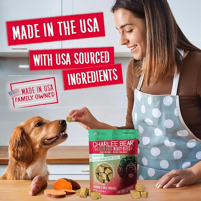 Charlee Bear Grain Free Meaty Bites Freeze Dried Dog Treats with Probiotics, Puppy Training Snacks, Soft Dog Bites Salmon with Sweet Potatoes, 2.25 oz Bags (2), Made USA