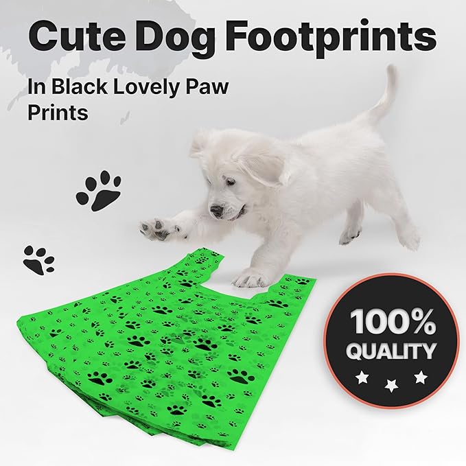 T-Shirt Bags – Paw Print Design Green Color - 100 Pack - Thank You & Shopping Bags - Cat or Dog - 22" L x 12" W x 7" Plastic