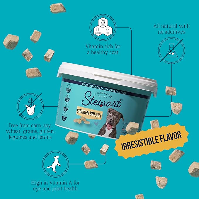Stewart Chicken Breast Dog Treats, 3 oz, ~55 Pieces, Freeze Dried Raw, Single Ingredient, 74% Protein Training Treats or Meal Topper in a Resealable Tub, Grain Free, Gluten Free