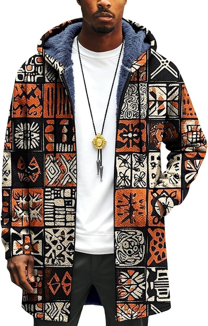 Mens Long Cardigan Hoodies Full Zip Fleece Lined Jackets Fashion Knitted Color Block Hooded Coat with Pockets