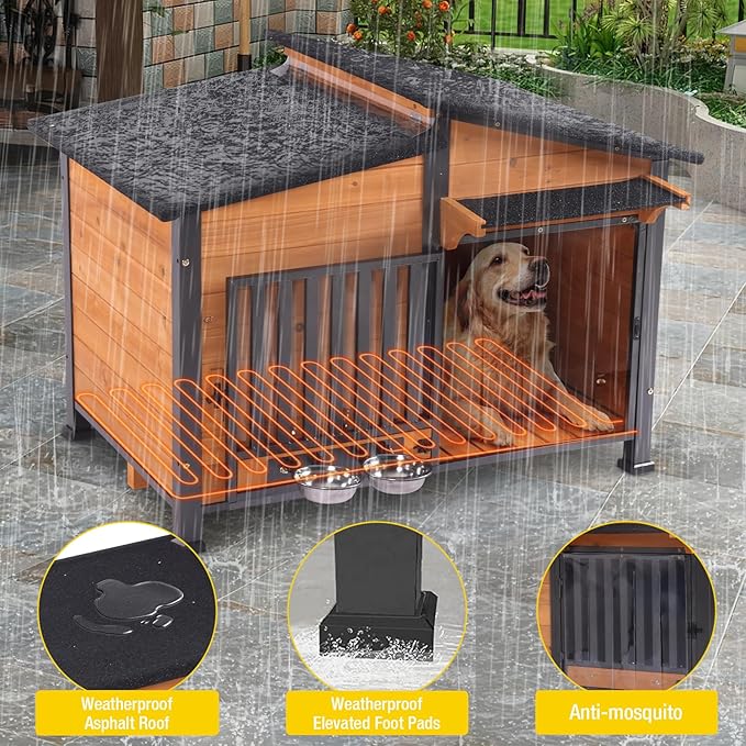 Chew-Resistant Dog House with Metal Frame, Wooden Kennel for Indoor & Outdoor Use, Waterproof Roof & Feeding Bowls Included (Wood, XL-in)