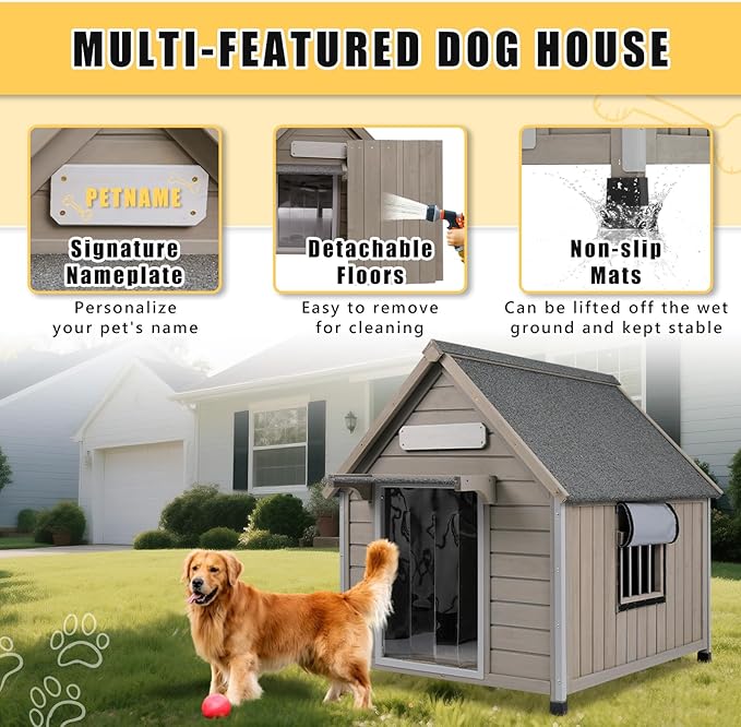 Large Dog House Outdoor, Wooden Indoor Dog House Kennel with Waterproof Roof, Chew-Proof Iron Frame, Doghouse Puppy Shelter for Medium Large Dogs, 30.5''x37.4''x39.3''