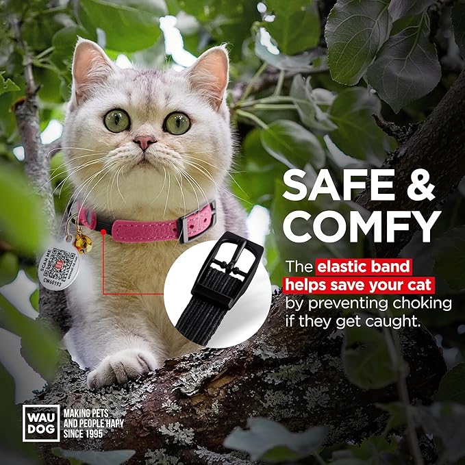 Leather Cat Collar with Bell and Safety Elastic Strap Breakaway Alternative for Small & Large Kittens, Stylish Pet Leather Collar for Boy, Girl Cats with Metal Buckle & QR ID Tag (Pink)
