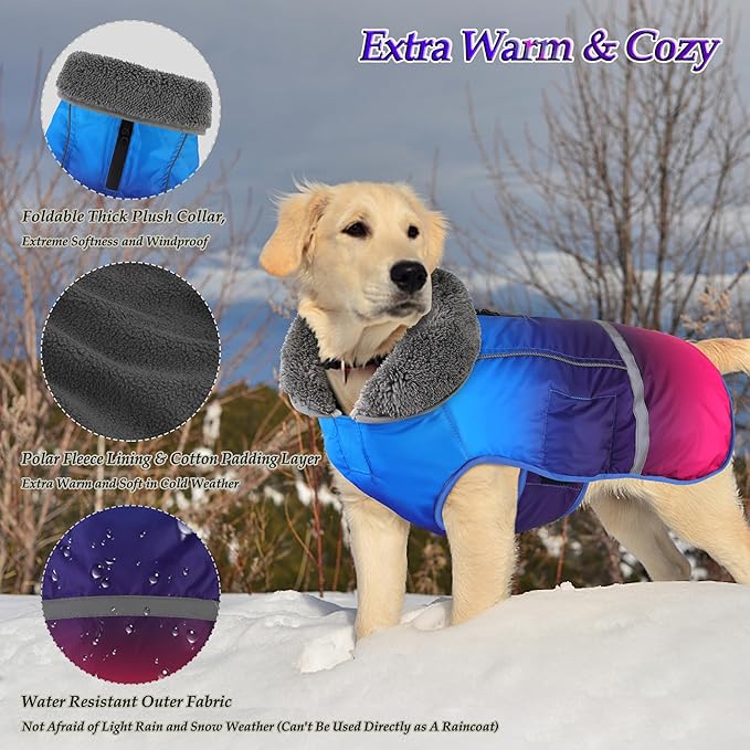 Dogcheer Warm Dog Coat, Waterproof Dog Winter Jacket Christmas Puppy Cold Weather Coats with Buckle, Reflective Adjustable Pet Snow Jacket for Small Medium Large Dogs - Gradient Blue-red, 2XL