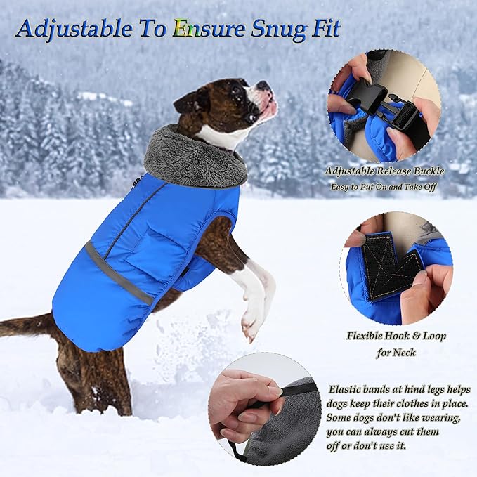 Dogcheer Warm Dog Coat, Waterproof Dog Jacket Christmas Puppy Winter Coat with Buckle, Reflective Adjustable Pet Snow Jacket Turtleneck Fleece Sweater for Small Medium Large Dogs - Blue, S