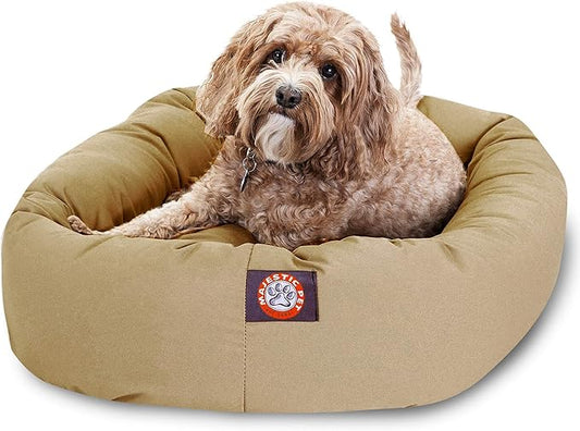 Majestic Pet 32 Inch Bagel Calming Dog Bed Washable – Cozy Soft Round Pet Bed with Spine Support for Dogs to Rest their Head - Fluffy Donut Puppy Bed 32x23x7 (Inch) - Medium – Khaki