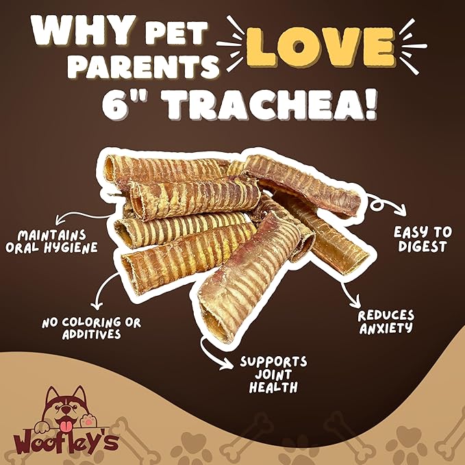 Woofley's Beef Trachea - (6 Inch 100 Pack) - Trachea Treats for Dogs - Natural Source of Glucosamine and Chondrotin for Joint Health - 100% Natural Beef Windpipe for Dogs