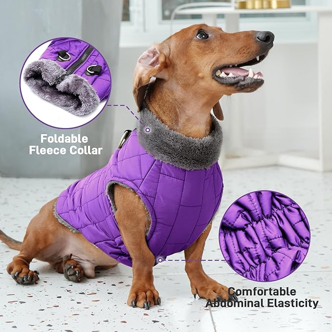 Warm Fleece Dog Coats with Durable Harness Buitl in D-Ring,Waterproof Doggie Jacket for Medium Dogs,Dog Vest for Cold Winter,Purple L