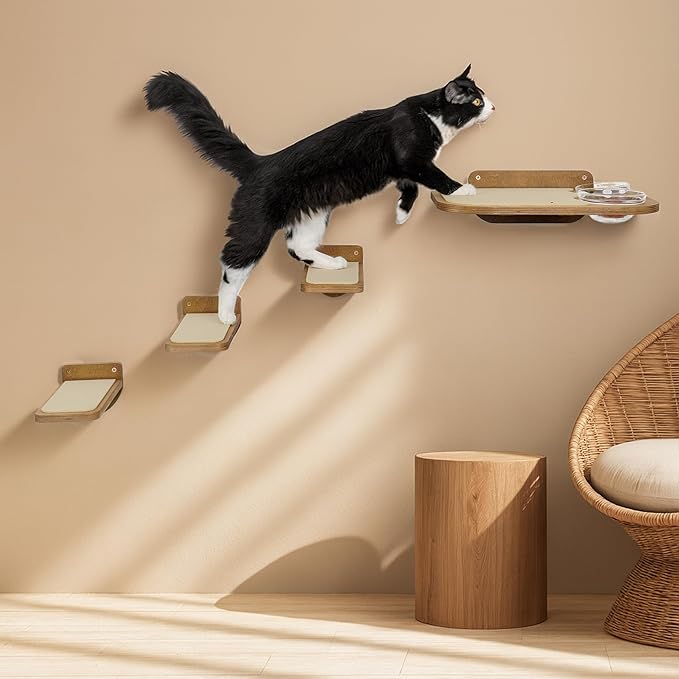 INICIO Cat Wall Shelves – Dog Proof Feeding Station with Wall Mounted Shelves, Durable 3 Step Birch Floating Shelf for Cats Up to 15lbs, Includes Attached Cat Food Bowl for Convenient Feeding – Brown