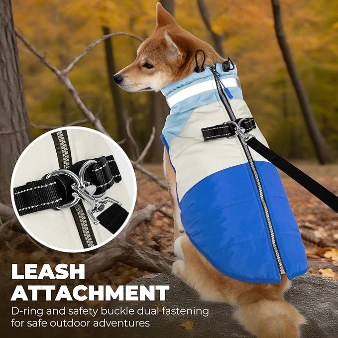 Dog Coat, Waterproof Dog Winter Jacket with Harness Built in, Turtleneck Warm Doggie Cold Weather Coats, Reflective Pet Vest for Indoor & Outdoor, Windproof Dogs Snowsuit, Blue Large