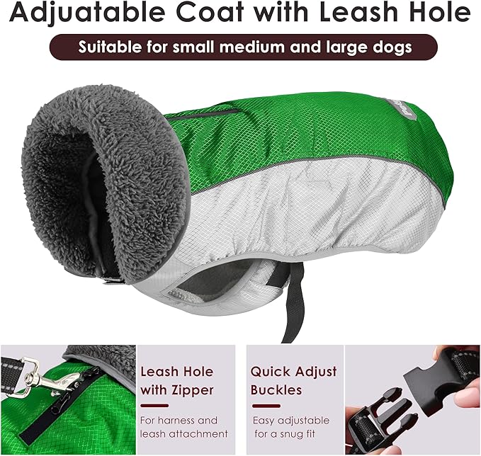 Dog Coat, Waterproof Ripstop Dog Winter Jacket with Leash Hole, Reflective Adjustable Warm Pet Fleece Snow Sweater for Small Medium Large Dogs - Green, 3XL