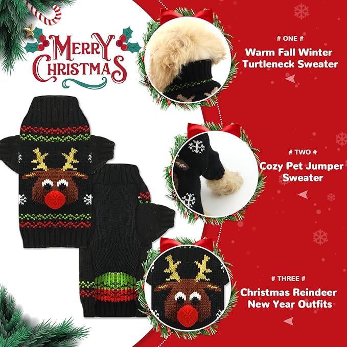 PETCARE Dog Christmas Sweater Black Ugly Funny Cute Cartoon Reindeer Cat Sweaters Jumper Holiday Dog Clothes Puppy Sweaters for Small Medium Large Dogs Fall Winter Outfits Xmas Dogs Costume,Large