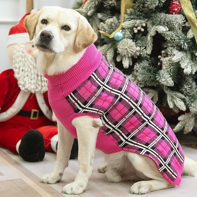 PUPTECK Dog Sweaters for Large Medium Small Dogs - Fall Classic Plaid Style Puppy Holiday Winter Coat Clothes Warm, Fuschia, SM