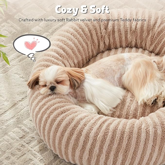 MIXJOY Dog Bed Medium Size Dogs, Washable Medium Dogs Bed with Removable Cover, Cozy Donut Dog Ded Fluffy Plush Faux Fur Pet Bed with Anti-Slip Bottom, 30"x30"x8", Beige