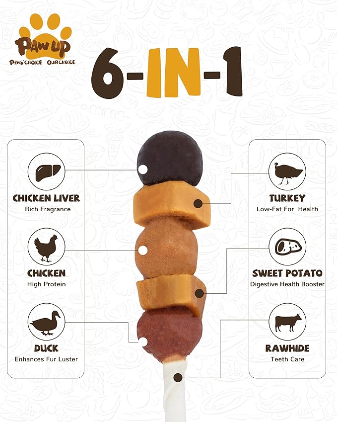 PAWUP Dog Treats, Kabobs Chews Made with Sweet Potato, Turkey, Chicken & Duck, Rawhide Sticks for Dogs, Long-Lasting, High Protein Dog Treat for Small Medium Large Dogs, 12 Count