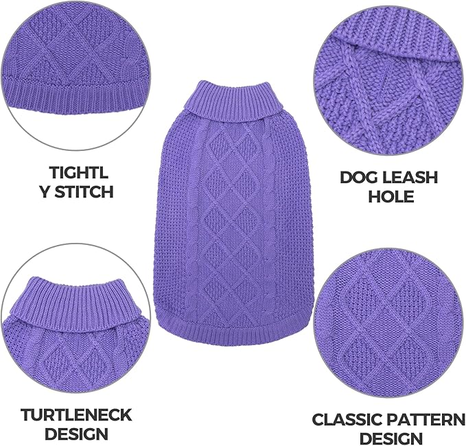 Mihachi Turtleneck Dog Sweater - Winter Coat Apparel Classic Cable Knit Clothes with Leash Hole for Cold Weather, Ideal Gift for Pet in New Year Light Purple M