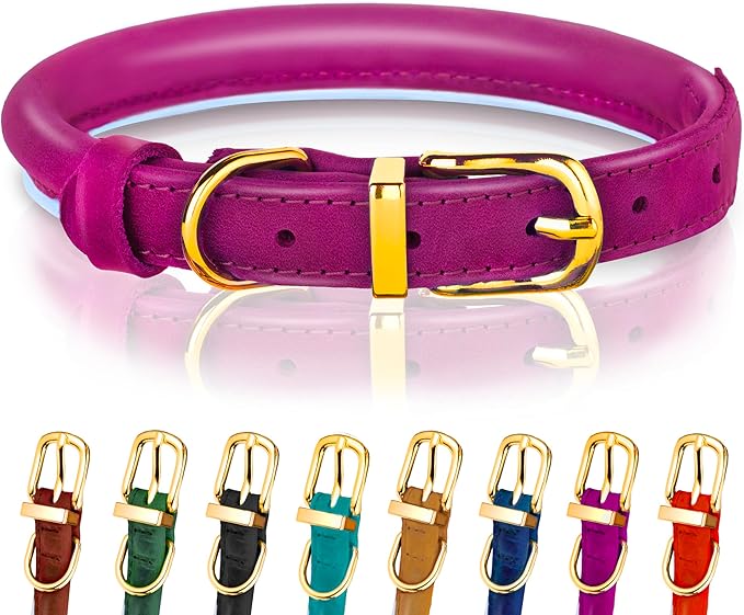 OOPSDOGGY Reflective Rolled Leather Dog Collar Adjustable Soft Padded Pet Collar for Small Medium Large Breed Dogs (Pink, XL, 17"-21")
