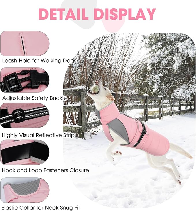 Nanaki Small Dog Coat for Winter Waterproof, Warm Fleece Lining Furry Collar Dog Jacket with Leash Hole, Reflective Adjustable Cold Weather Puppy Pet Snow Jacket Vest Outdoor Walking Hunting, Pink M