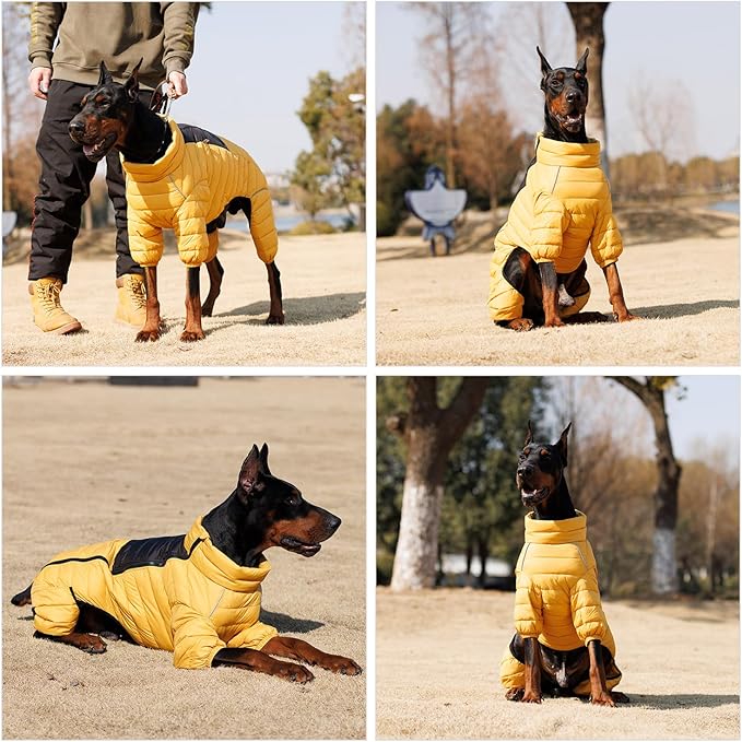 Lovelonglong Warm Jacket - 4 Legs Covered Waterproof Windproof Reflective Vest, Zippered Adjustable Outdoor Snow Jacket for Small Medium Large Dogs, Yellow L
