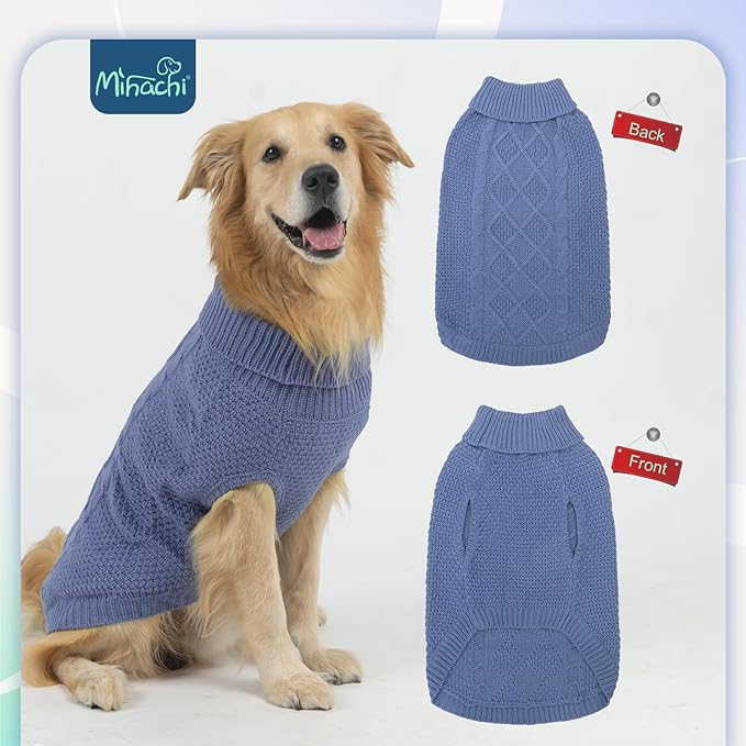 Mihachi Turtleneck Dog Sweater - Winter Coat Apparel Classic Cable Knit Clothes with Leash Hole for Cold Weather, Ideal Gift for Pet in New Year Grayish Blue ML