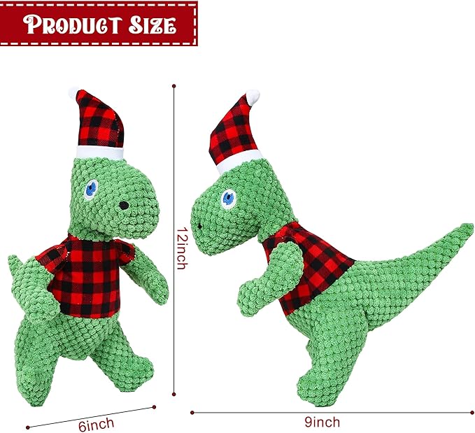Christmas Dog Toys, Plush Stuffed Green Dinosaur Animals Toy, Squeaky Dog for Small, Medium, and Large Dogs, Interactive Dog Toys for Tug-of-War
