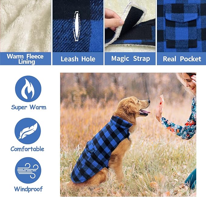 Malier Classic Plaid Fleece Dog Jacket with Pocket - Windproof Warm Coat Vest for Small to Large Dogs (Blue, Large)