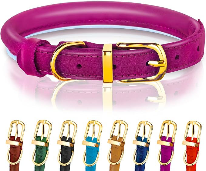 OOPSDOGGY Reflective Rolled Leather Dog Collar Adjustable Soft Padded Pet Collar for Small Medium Large Breed Dogs (Pink, M, 12"-15")