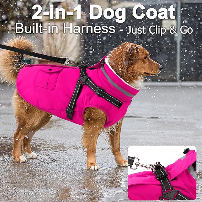 Dogcheer Dog Coat with Harness, Waterproof Warm Dog Winter Jacket with Pockets, Reflective Pet Fleece Jacket Turtleneck Snowsuit for Small Medium Large Dogs - Pink, XL