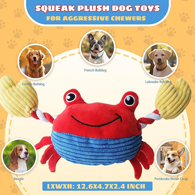 Squeak Plush Dog Toys for Small & Medium Breeds, Chew Rope to Keep Them Busy for Puppy Teething Chewing, Interactive Indoor/Outdoor Play, Best Pet Gift, Crab