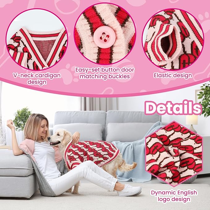 Pet Sweaters for Dogs Boys and Girls, Dynamic Letter Patterned Dog Sweater,Dog Cardigan,Pet Clothes,Pet Knitted Clothing,Fit for Different Seasons and Kinds of Dogs (Pink XS)