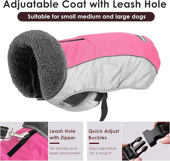 Dog Coat, Waterproof Ripstop Dog Winter Jacket with Leash Hole, Reflective Adjustable Warm Pet Fleece Snow Sweater for Small Medium Large Dogs - Pink, S