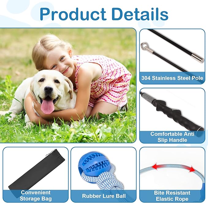Flirt Pole for Dogs Interactive Dog Pole Toy for Large Medium Small Dogs, Sports Dog Teaser Pole for Tug of War, Flirt Pole with Lure Ball (Standard Pole + Elastic Rope)