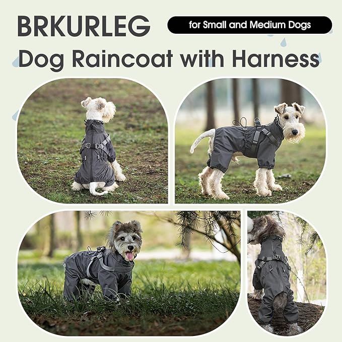 BRKURLEG Dog Raincoat with Harness for Small Dogs, Adjustable Waterproof Dog Rain Jacket, Reflective Rainproof Puppy 4 Legs Raincoat, Full Body Pet Rain Jacket, Dark Grey, XXL
