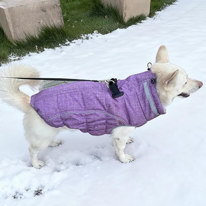 Malier Dog Coat, Reflective Dog Jacket Waterproof Windproof Puppy Cold Weather Coats with Harness Built in, Winter Extra Warm Pet Coat Fleece Vest for Small Large Pets and Puppy (Purple, X-Small)
