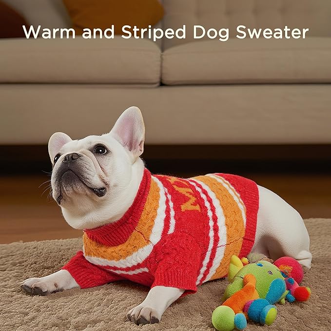 Dog Sweater for Small Medium Dogs & Cats, Classic Turtleneck Knitted Striped Pet Sweater, Warm Winter Soft Christmas Outfit for Boy & Girl Dogs, Medium