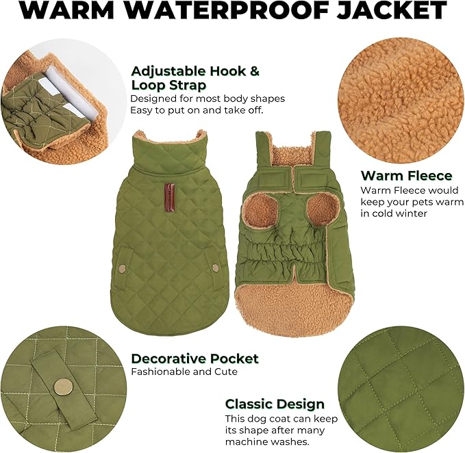 Dog Coat, Warm Soft Dog Winter Coats for Small Dogs, Waterproof Windproof Dogs Adjustable Jacket with Fleece Lined Turtleneck Doggy Snowsuit with Leash Hole, Green Large