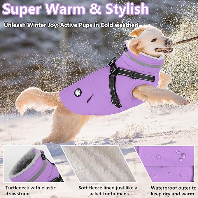 Dogcheer Dog Coat with Harness, Waterproof Dog Jacket, Reflective Puppy Winter Jacket with Pocket, Doggy Turtleneck Fleece Vest for Small Medium Large Dogs - Taro Purple, S