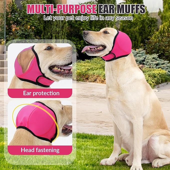 SlowTon Quiet Ears Dog Hoodie - 2 Pcs Ear Wrap Dog Ear Muffs Noise Protection, Anxiety Relief Dogs Hat Calming Hood Head Cover, Pet Headband Dogs Ear Protector for Grooming, Force Drying (Pink,S)