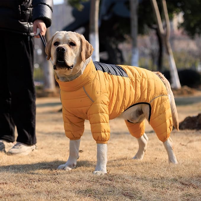 Lovelonglong Dog Coat Dog Warm Jacket, 4 Legs Covered Waterproof Windproof Reflective Warm Dog Vest, Zippered Adjustable Outdoor Dog Snow Jacket for Small Medium Large Dogs Yellow XXL